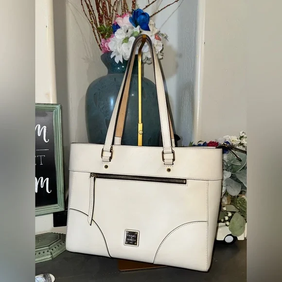 Dooney and Bourke Leather Bone Tote Bag, Gold hardware & blue accent scarf - Picture 3 of 16